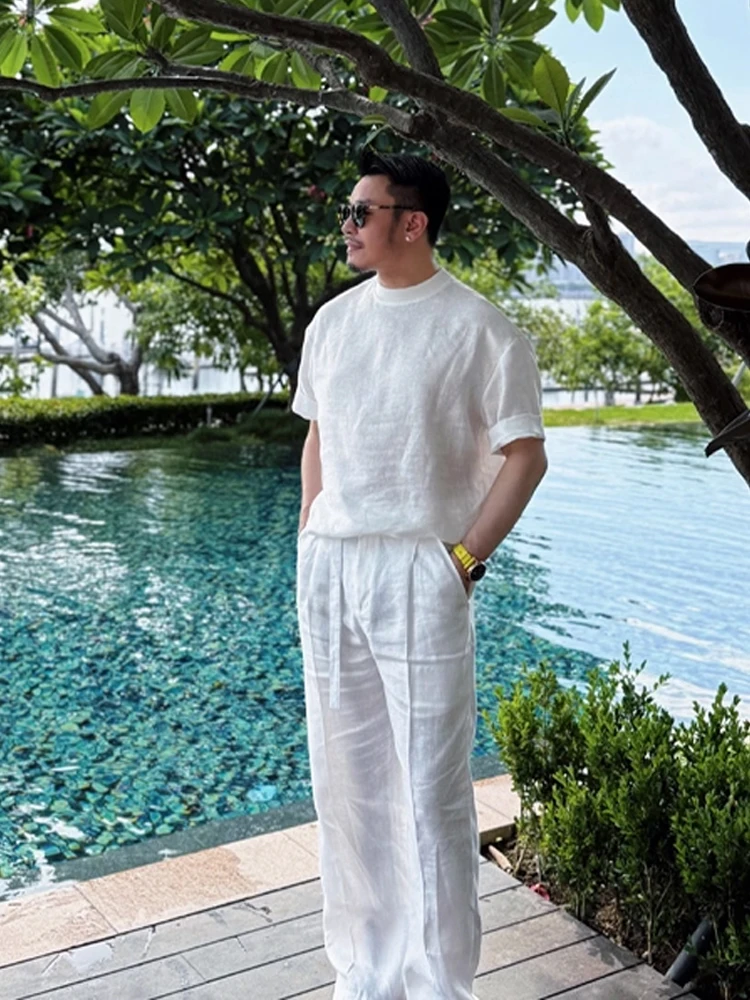 

Комплект мужской одежды Laoqianfeng: льняные брюки и футболка из ледяного шелка с охлаждающим эффектом, свободный крой, легкий и прохладный