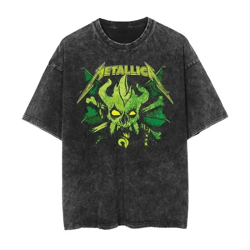 Classic washed T-shirt featuring the Metallica rock band Suitable for high-end luxurious outfits in 2026 and men and women