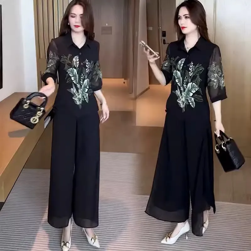 

Women's summer new western style slimming belly-cover shirt wide leg culottes sun protection cloth fashion chiffon shirt suit