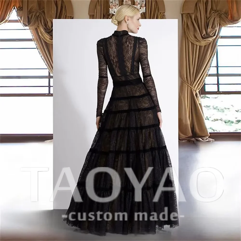 Przepiękne czarne koronkowe suknie balowe z długim rękawem i wysokim dekoltem, sukienki na przyjęcie szyte na miarę, długie suknie balowe z trenem, suknie wieczorowe z paskiem.