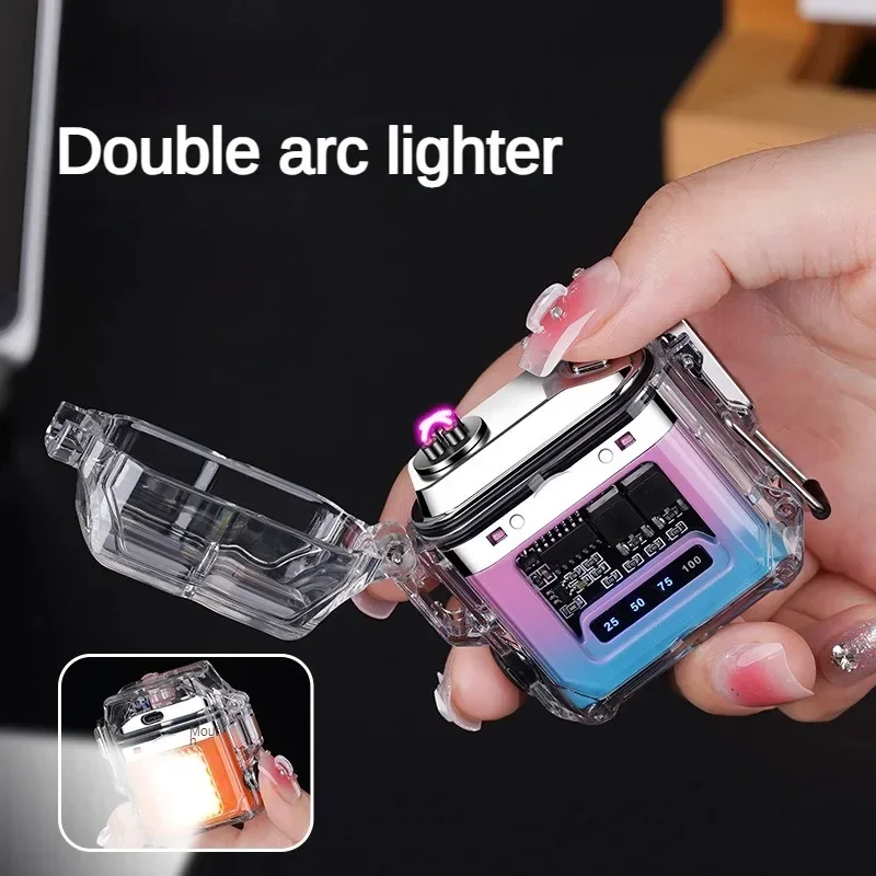 Windproof USB Smoking Cigarette Lighter Outdoor COB Lighting Rechargeable Lighter Electric Double Arc Lighters Gifts Flashlight