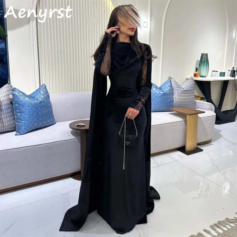 Aenyrst Black Vintage Long Lace Sleeves customized Evening Dresses Velour Mermaid Prom Dress Floor Length Dinner Party Gowns