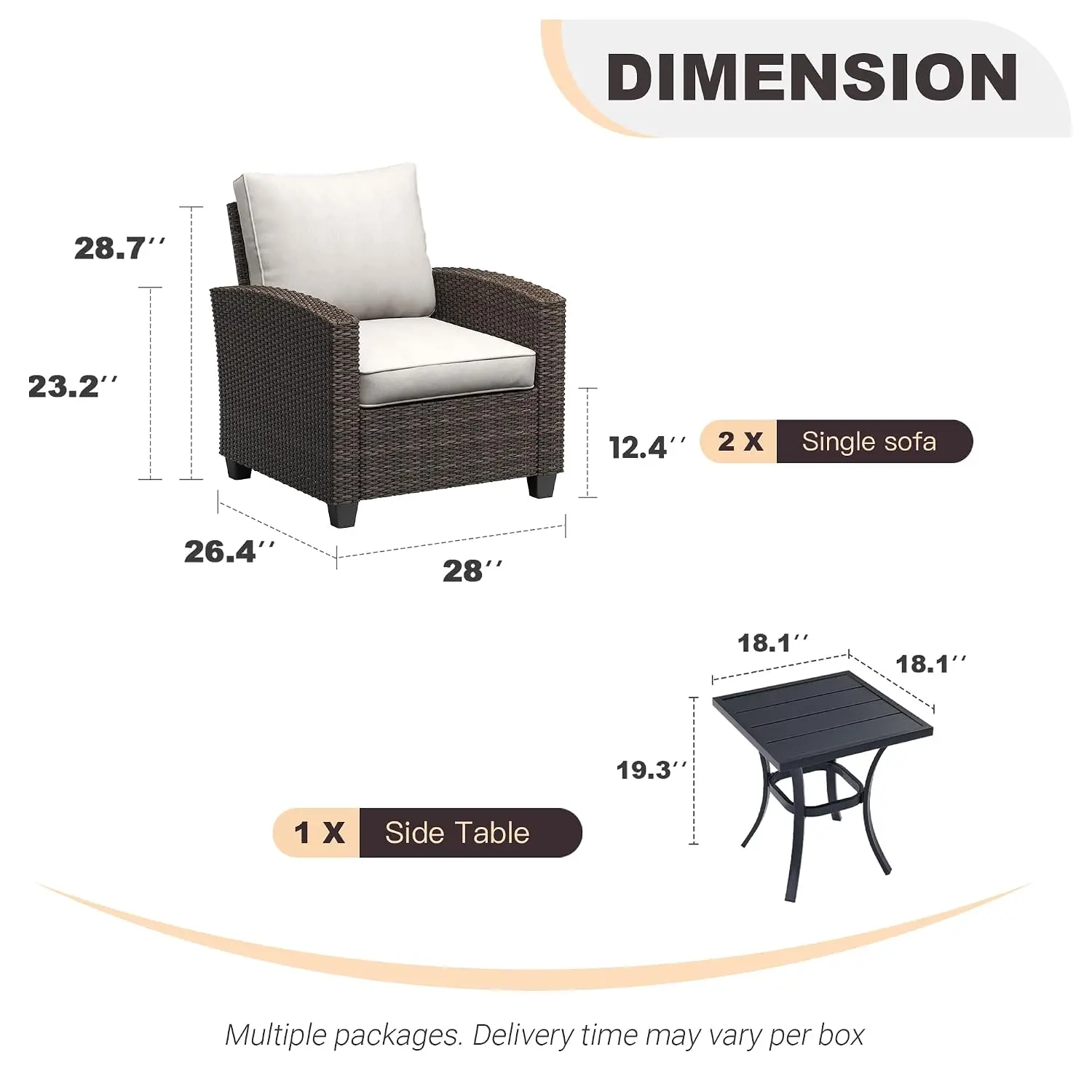 3-Piece Wicker Patio Furniture Set PE Rattan Conversation Set With 2 Chairs & Metal Side Table For Deck Porch Pool, Customized