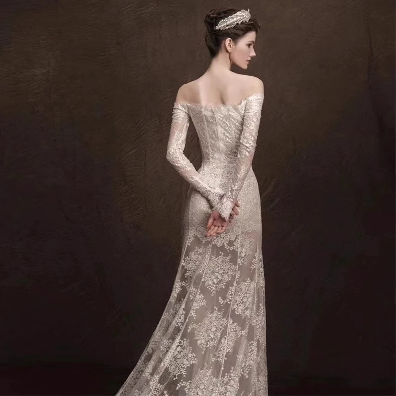 Appliques personalizzate al largo della spalla maniche lunghe in pizzo abiti da sposa vintage per donna 2025 abiti da sposa abiti da sposa