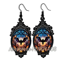 New Black Bat Moon Halloween Dangle Earring for Women Black Lace Earrings Oval Glass Photo Jewelry Gifts Party