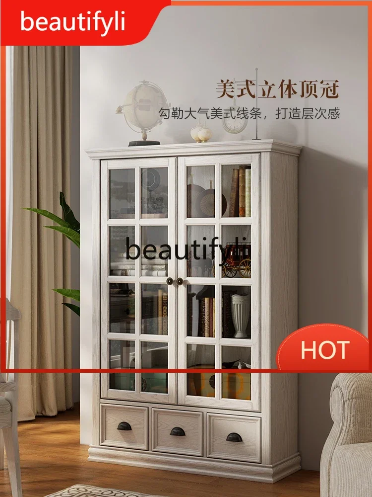 

American solid wood bookcase floor-to-ceiling retro home living room storage dust-proof glass door display cabinet D80