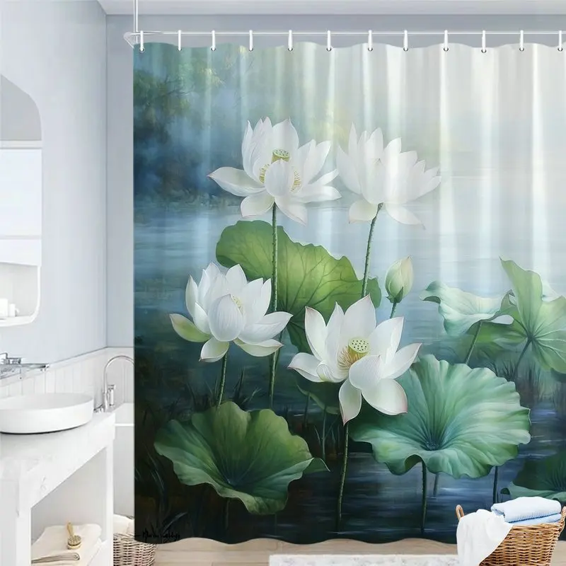 Serene White Lotus Floral Shower Curtain Nature Water Lily Print Bathroom Decor Tropical Botanical Jungle Shower Screen Modern