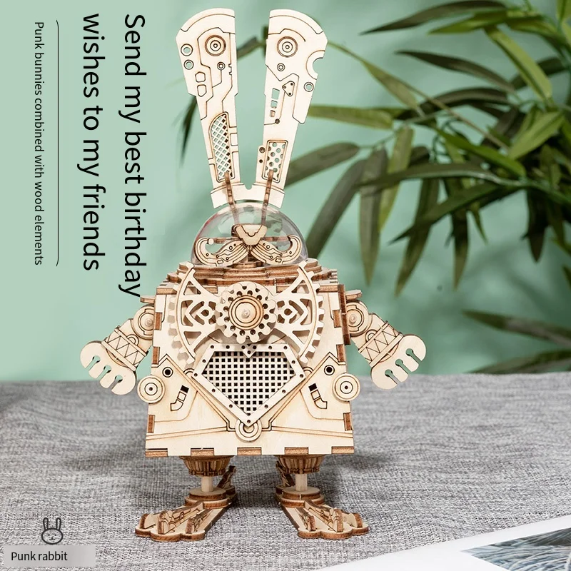DIY Mechanical Wooden Model Kit for Adults, Steampunk Bunny Rabbit Music Box 3D Puzzle, Creative Craft Assembly Ornament