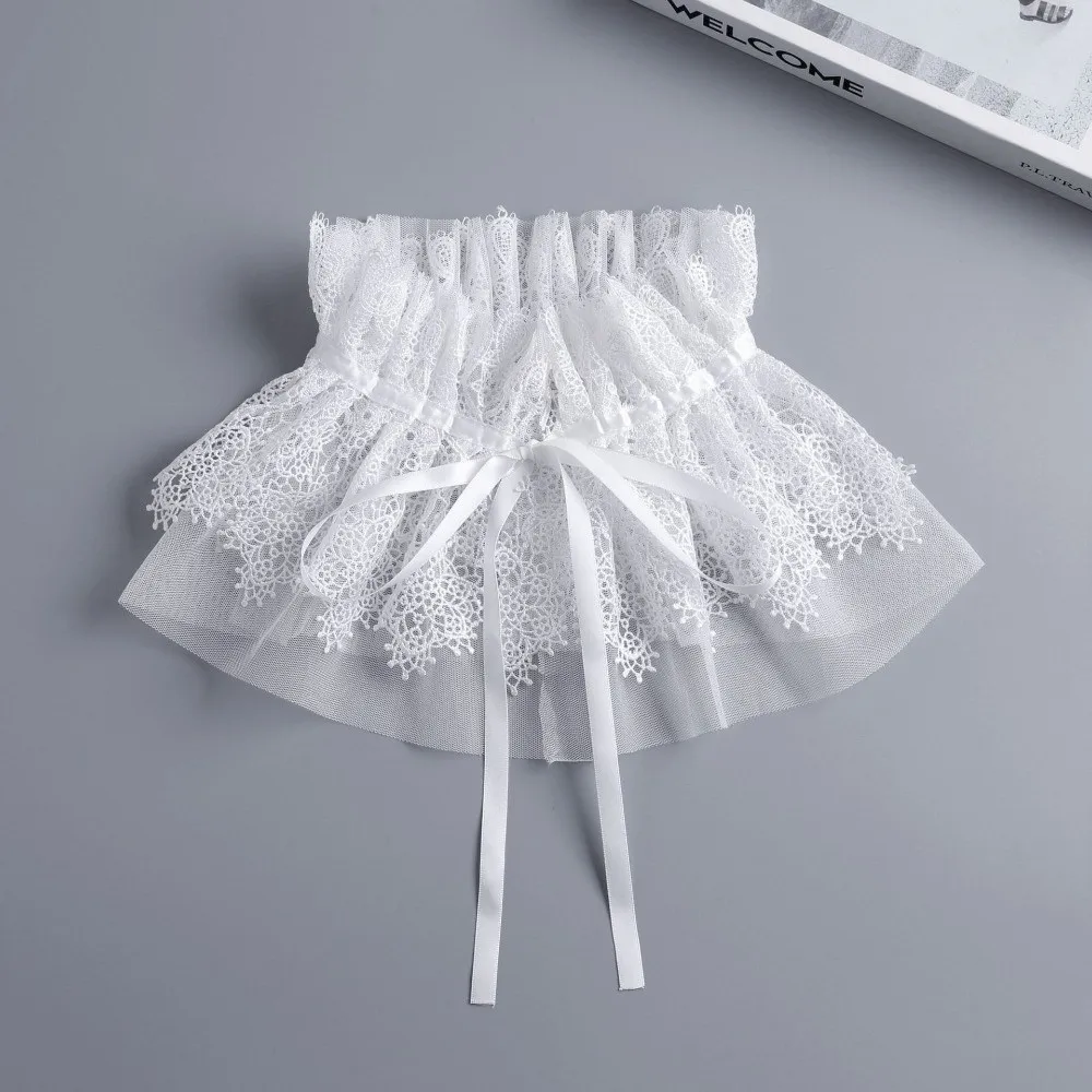 Removable Fake Collar Double Layer Ribbon Tie Detachable Mesh Lace Collar Floral Embroidery Mesh Tulle Sleeve Cuffs for Dresses