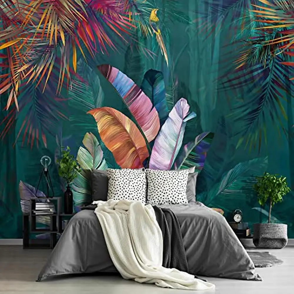 Tropical Botanical Large Wall Mural Fabric Green Plant Floral Living Room Bedroom Office Decor Waterproof Stain Resistant