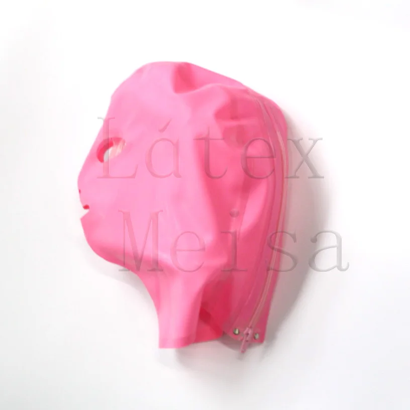 Handmade latex masks women's rubber hoods open eyes nostrils and mouth in pink color with back zip