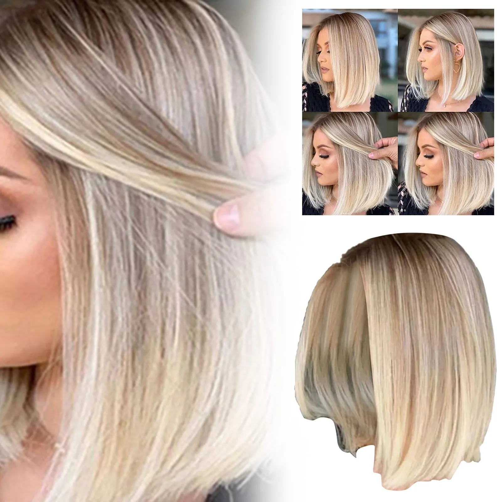 Short Blonde Highlight Synthetic Lace Front Bob Wigs Colored Straight Wig Heat Resistant Hair For Women Daily Use