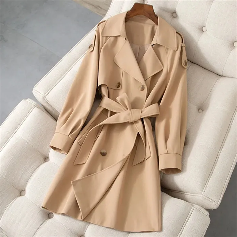

Windbreaker Women's Spring Autumn Coat Pop Solid Color Lapel Double-breasted Mid-length Top Simple Fashion Female Clothing ZM428