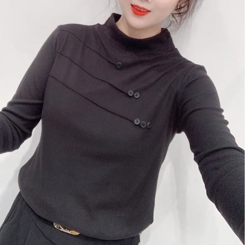 Spring/autumn Women's Pullover Turtleneck Bright Line Decoration Solid Button Long Sleeve T-shirt Office Lady Slim Casual Tops
