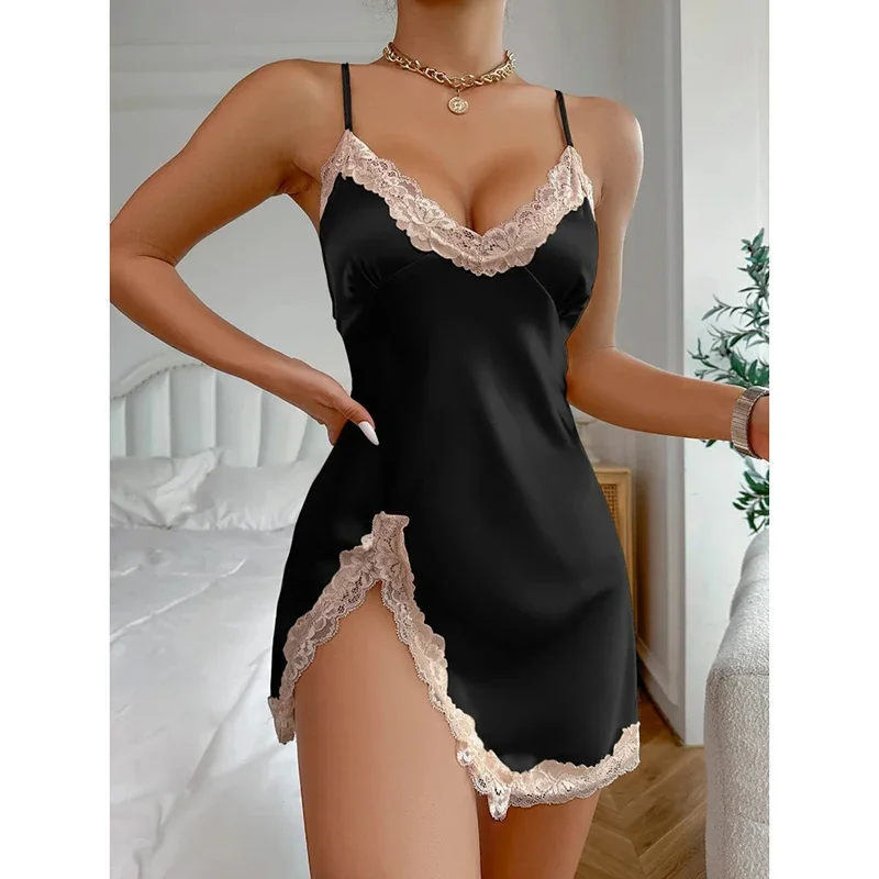 Camicia da notte in raso di pizzo a contrasto Abito da notte da donna con scollo a V profondo e schiena scoperta con lacci e spacco