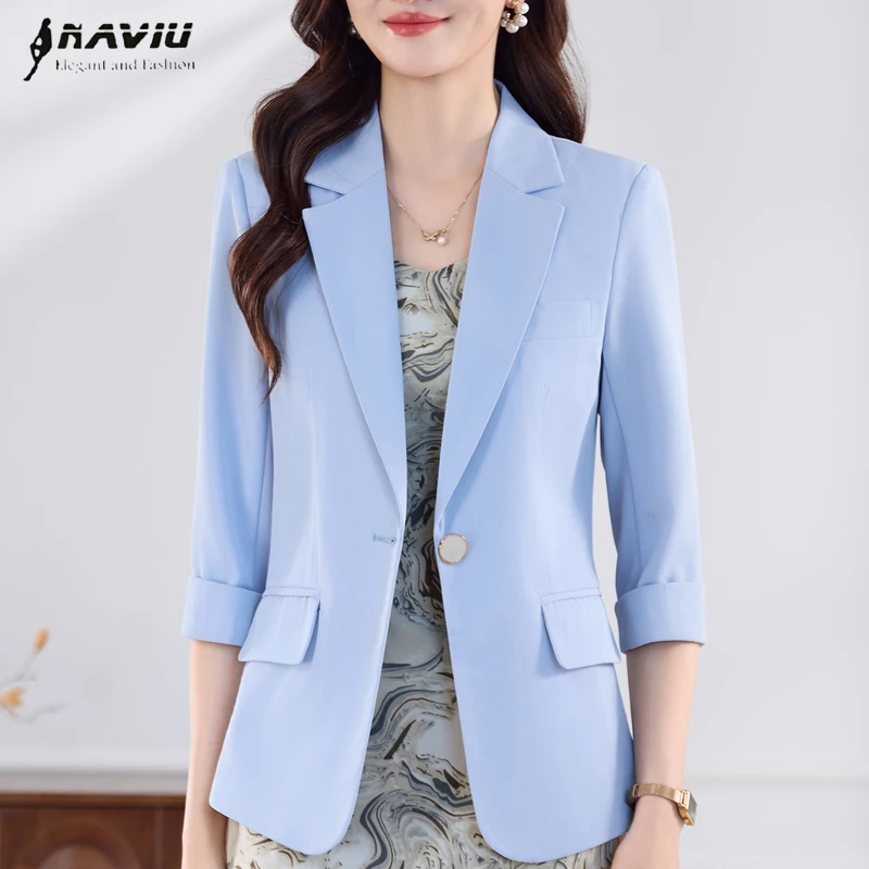 

Женский деловой блейзер NAVIU: синий, черный, белый. Новая модель, приталенный пиджак с рукавом до локтя для офиса и бизнеса.