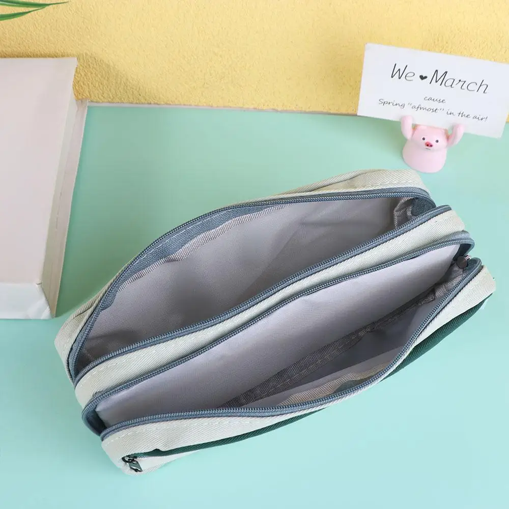 Canvas Double Zippers Pencil Case Dirt Resistant Large Capacity Storage Pencil Bag Multi Layer Korean Style Cartoon Pencil Cases