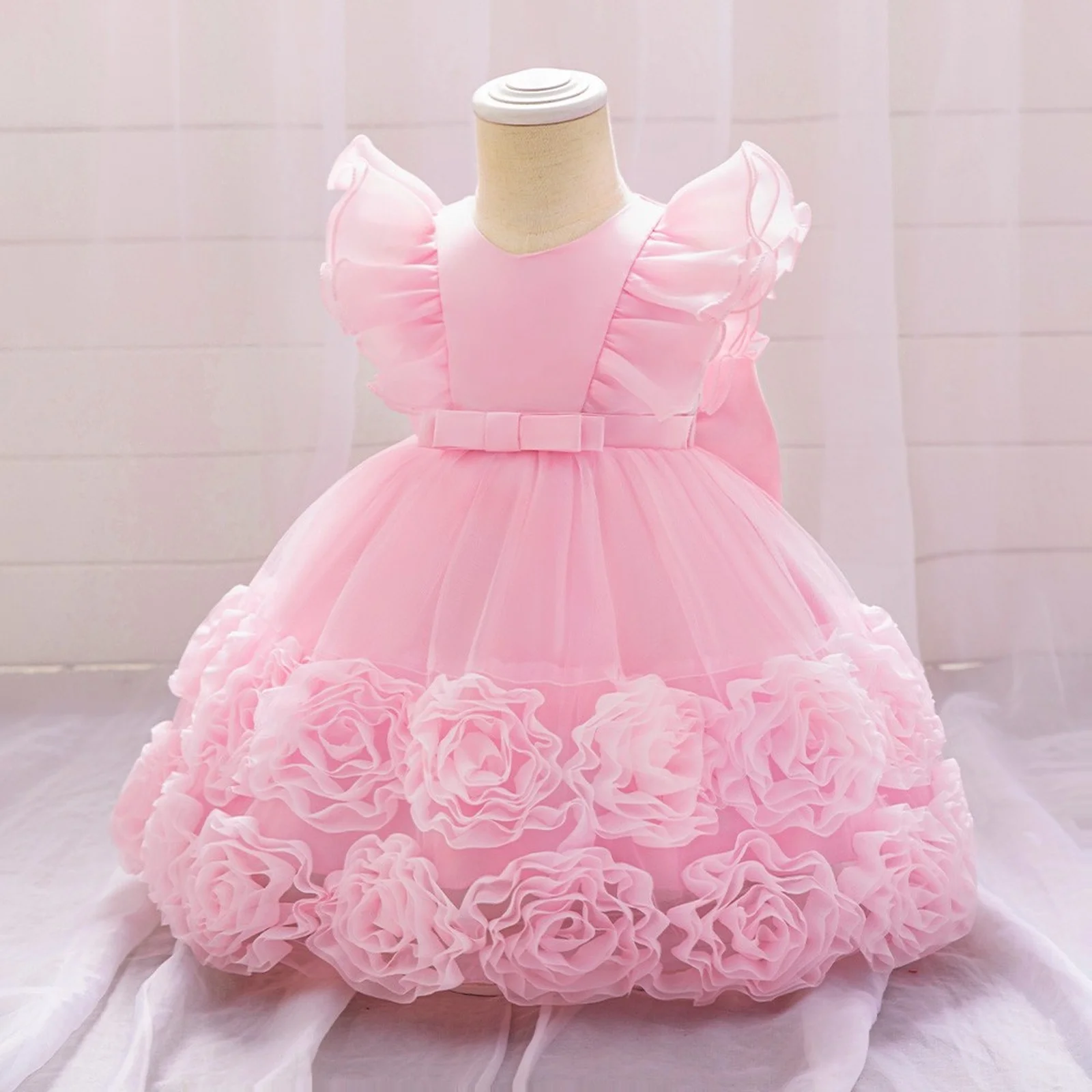 

Vintage Flower Girls Party Dresses Ruffles Sleeves Baby 1st Birthday Wedding Gown Toddler Princess Dress For Girl Summer Clothes