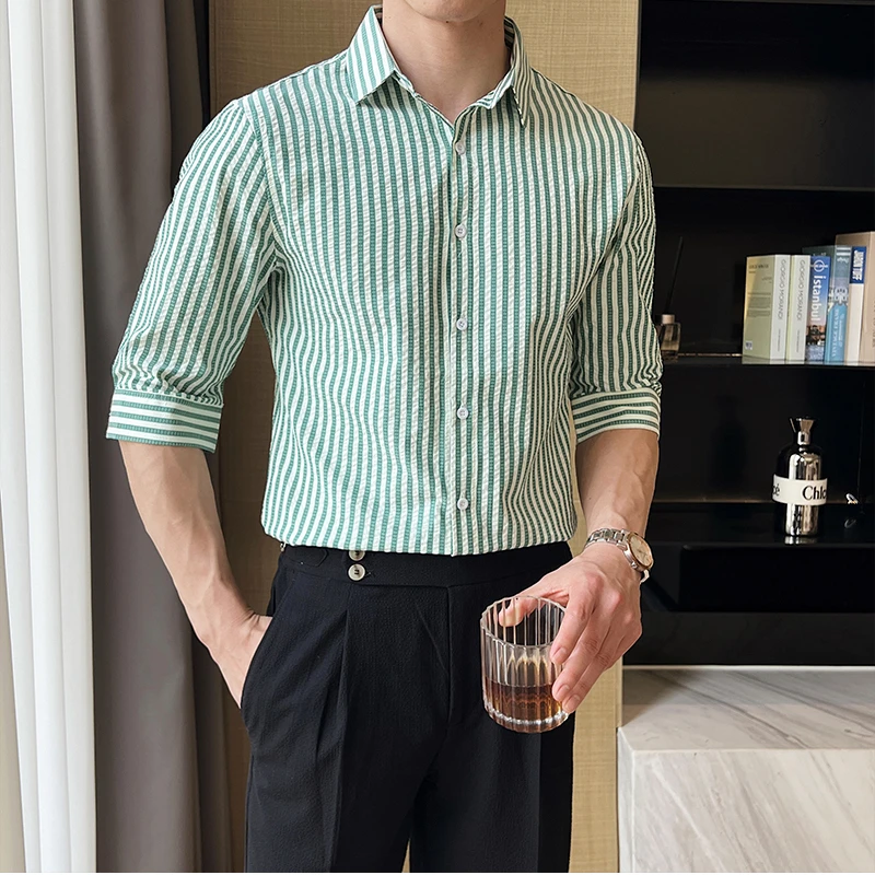 2024 Summer Quarter Sleeved Shirts Men's Classic Stripes Slim Fit Casual Business Formal Dress Shirts Social Office Men Clothing