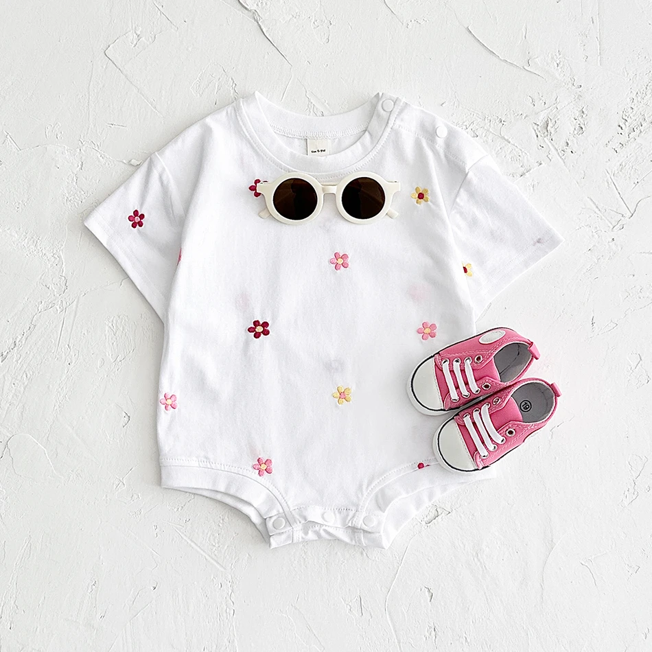 INS Summer Infant Bodysuit Floral Print Round Neck Short Sleeved Baby Romper Cotton Girls Child Clothing Jumpsuit 0-18M