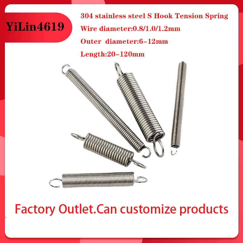 

304 Stainless Steel S Hook Tension Cylindroid Helical Coil Pullback Extension Tension Spring Wire Diameter 0.8mm 1.0mm 1.2mm