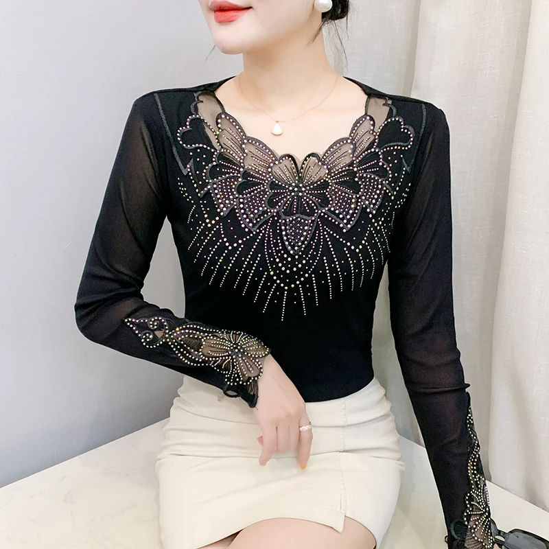 New,Fall,Winter,European,Clothes,Mesh,T-Shirt,Chic,Sexy,V-Neck,Patchwork,3D,Shiny,Diamonds,Women,Tops,Long Sleeve,Drill,Tees,580