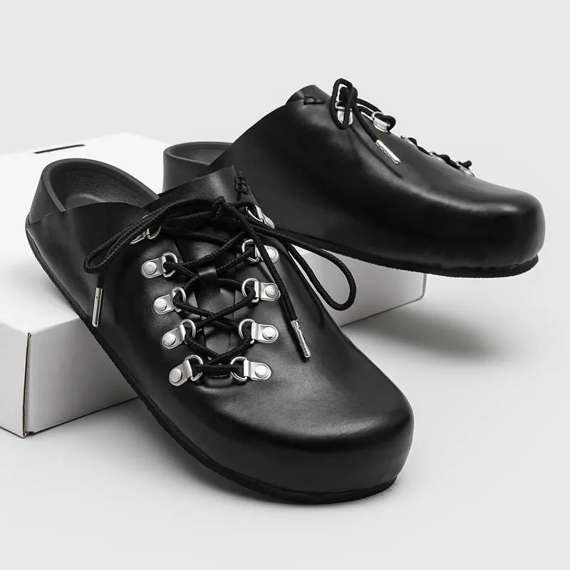 

Men Black Leather Lace-Up Mule Clogs Round Toe Slip On Backless Casual Fashion Loafers for Streetwear Size 38 - 46
