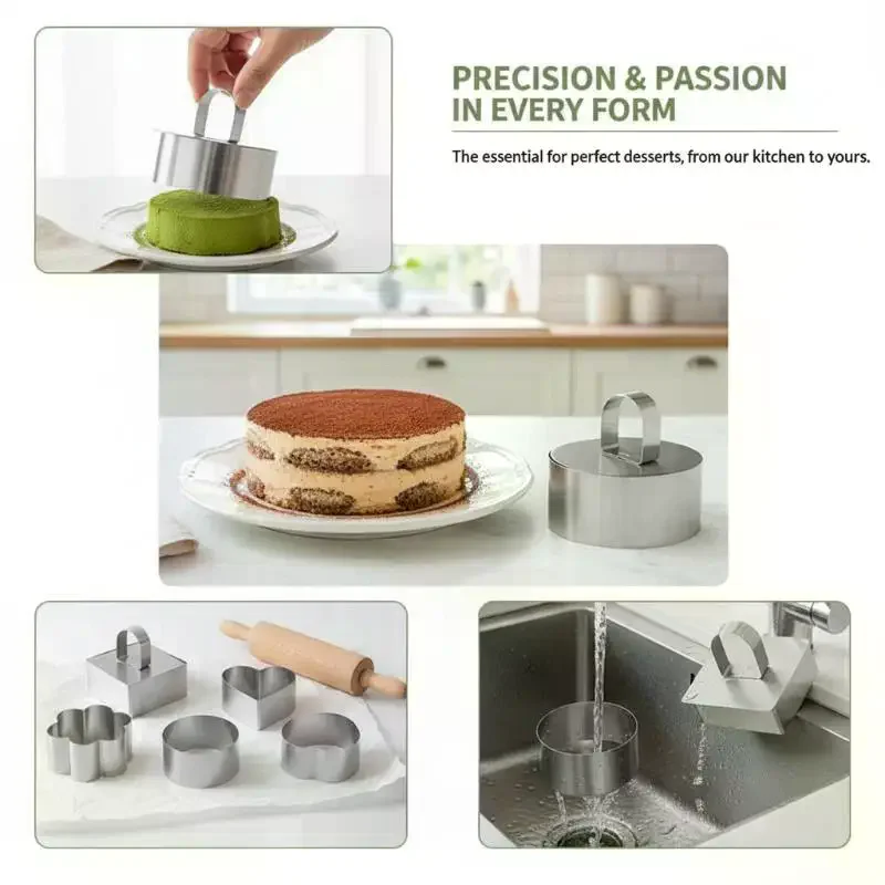 1/4 Pcs Stainless Steel Mousse Cake Ring Molds Multi Shapes With Press Plate Home Baking Pastry Lovers