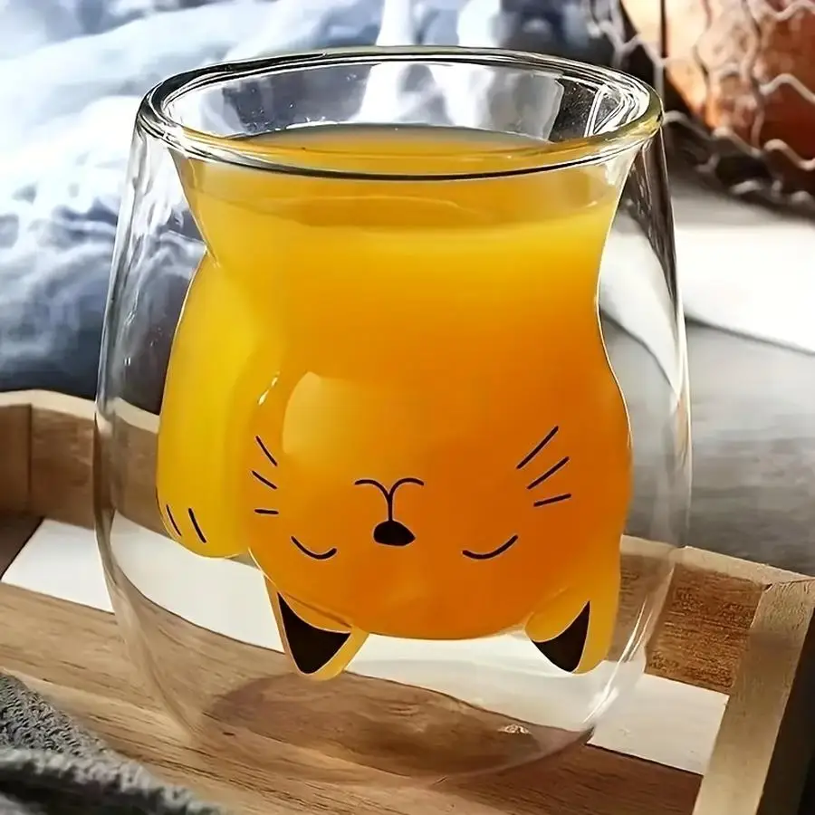 1/5/10/20/50/100pcs Adorable Cat Glass Coffee Mug, Double-Walled Milk Cup for Breakfast, Coffee, Juice, Ideal for Personal Birth