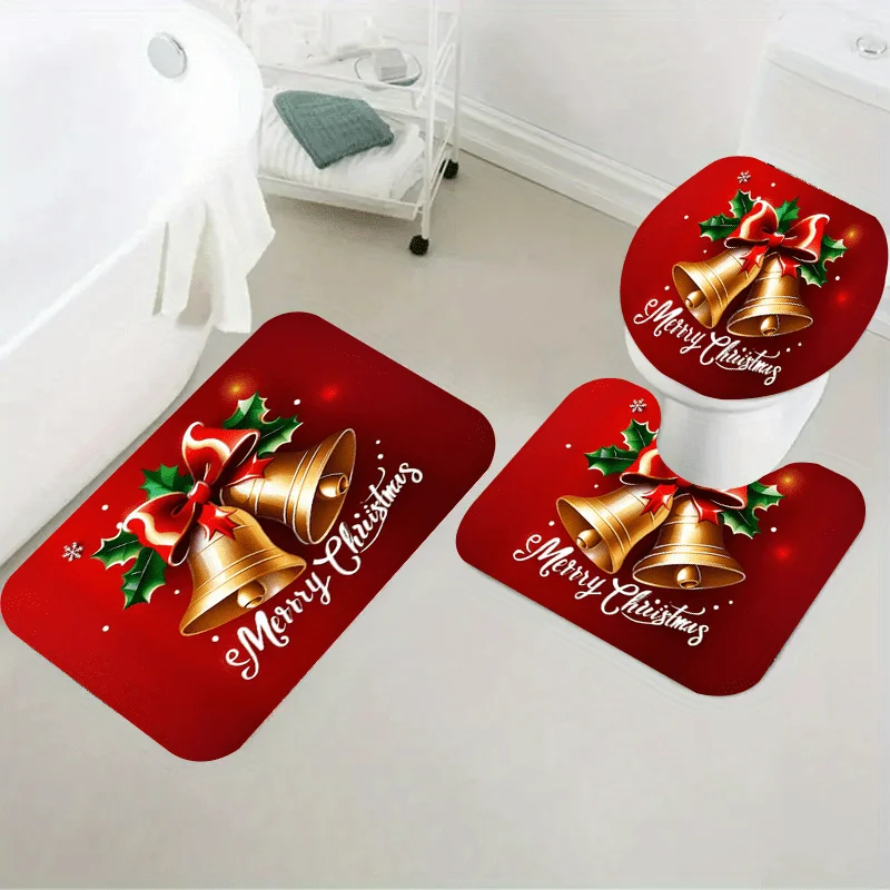 

3 шт., набор рождественских ковриков для ванной с английскими буквами и крышкой унитаза + U-образный напольный коврик, мягкая фланель, нескользящий праздничный декор
