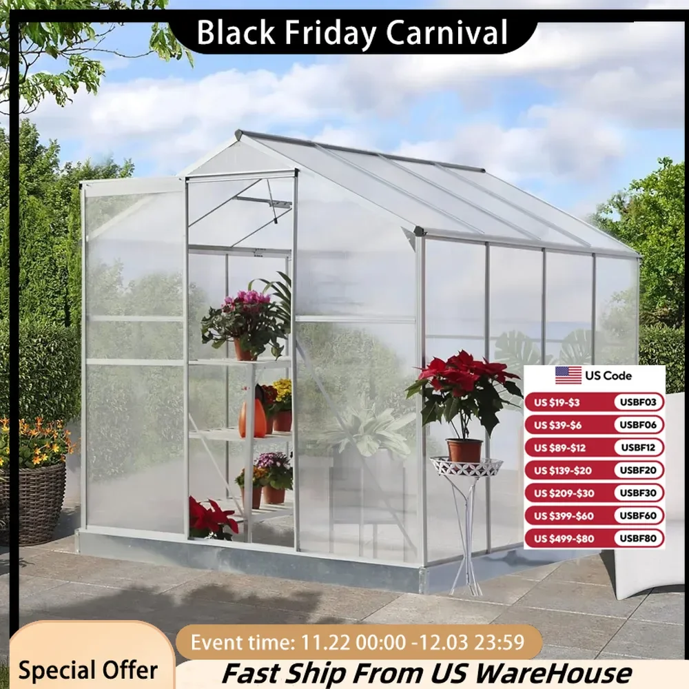 6x8 FT Hybrid Polycarbonate Greenhouse with Lockable Hinged Door, Sliding Door and 2 Vent Window, Walk-in Hobby Greenhouse