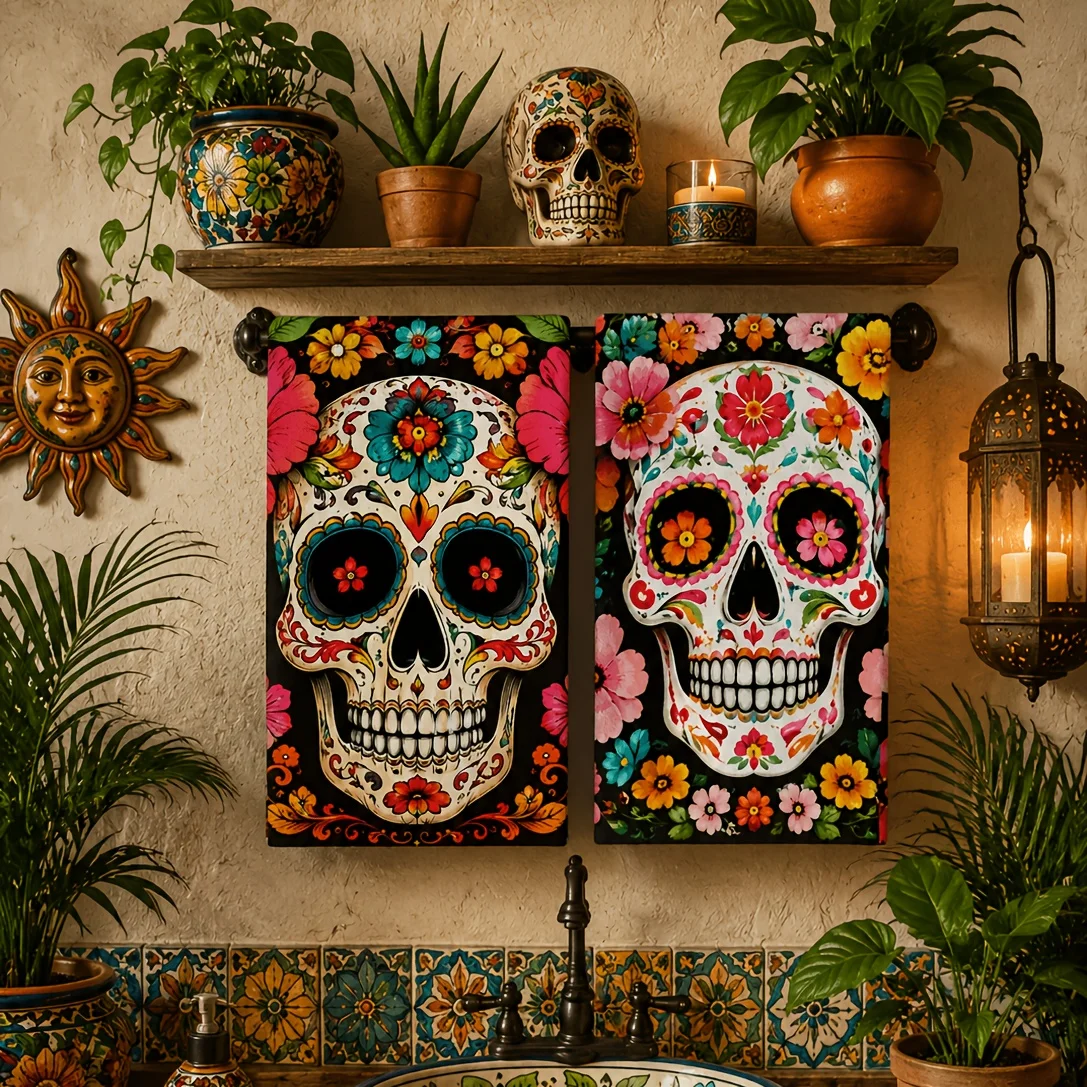 Two-piece Southwest farmhouse style decorative hand towels, Mexican Talavera flower sugar skull print towel