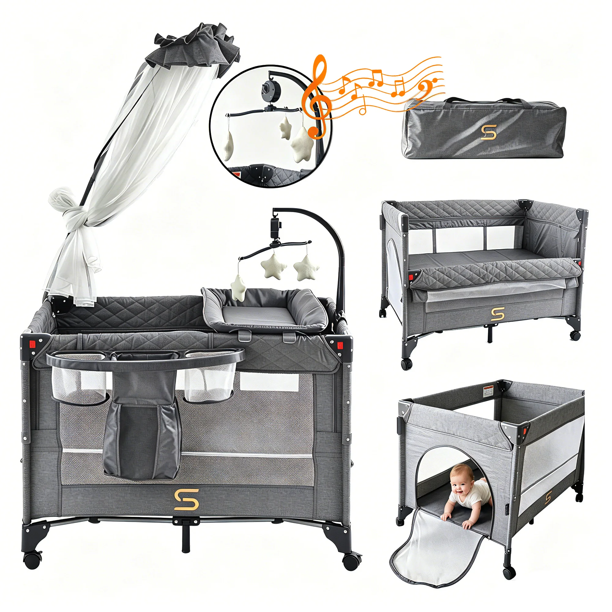 Bassinet Bedside Sleeper - Steanny Pack n Play, All-in-one Playard