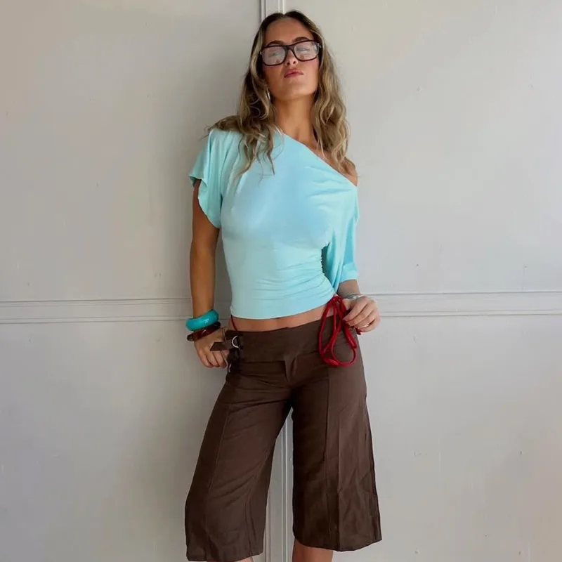 Women's Ruched One-Shoulder Vest Top Short Sleeve T-Shirt