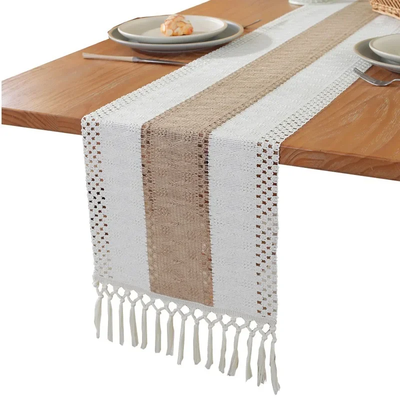 Hand Woven Jute Natural Linen Table Runner with Tassels Rustic Country Wedding Birthday Christmas Decoration for Home tablecloth
