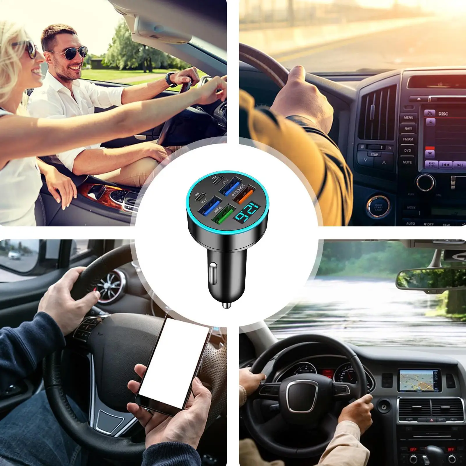

66W Car Charger Quick Charge Cigarette Lighters Adapter 6-Port USB A+C Fast Charging Phone Charger With Voltage Display