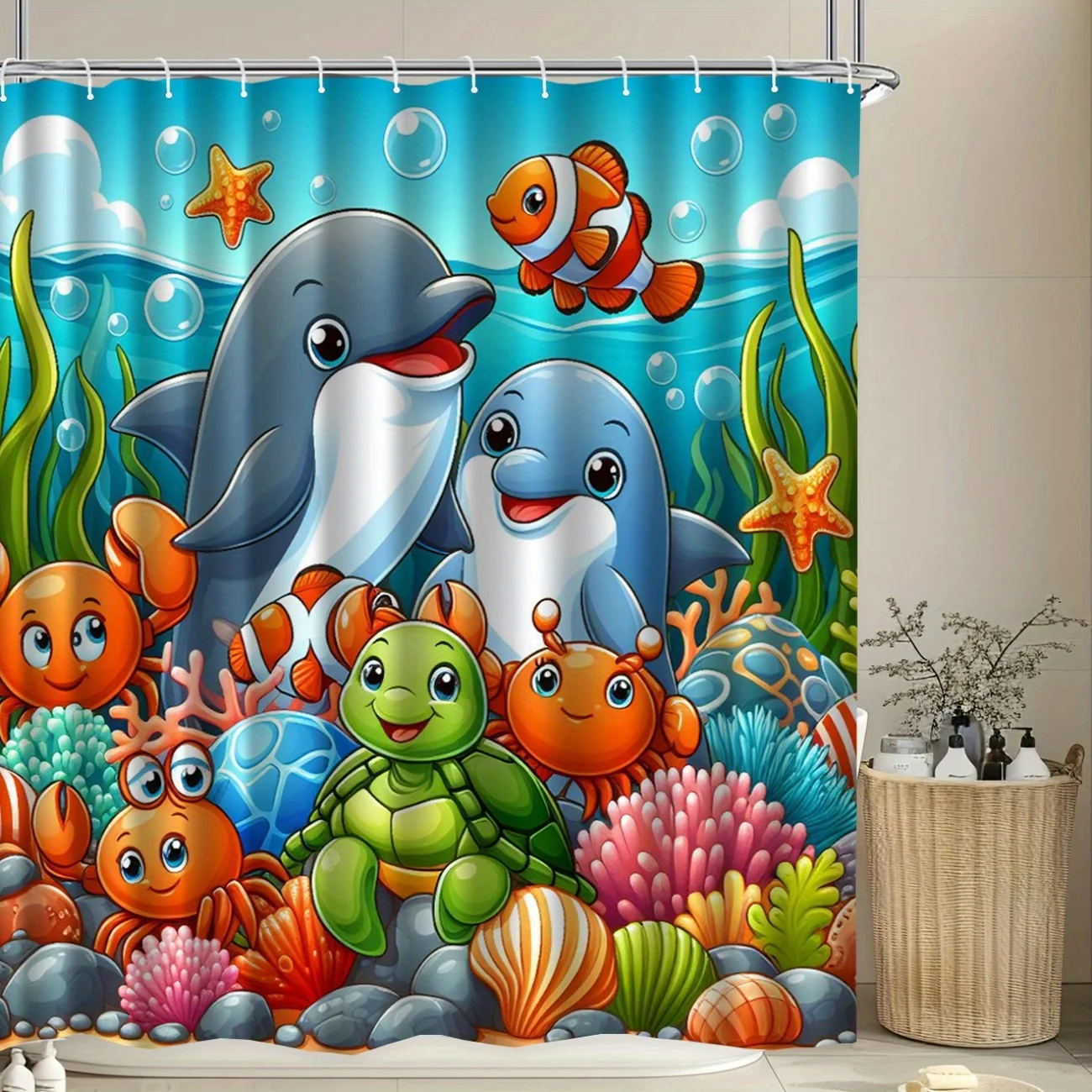 Cute Underwater Sea Animals Shower Curtain, Dolphin and Turtle Kids Bathroom Decor, Waterproof Polyester Fabric, Multiple Sizes