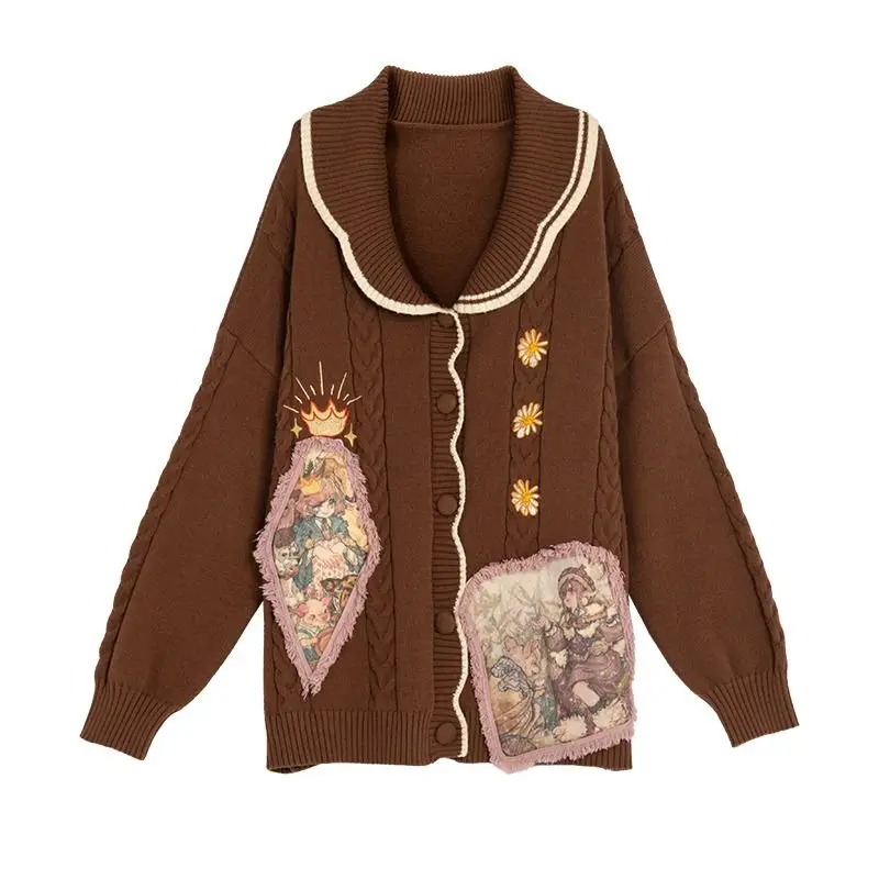 Gagarich Melard Brown Sweater Jacket Vintage Cardigan Knitted Sweater Layered Artistic Casual Forest Style Women Clothing Top