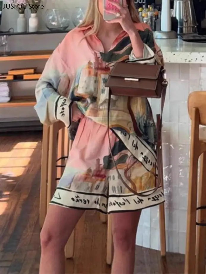 Women Autumn New Printed Shirt and Shorts Two Piece Set Ladies Fashion Casual Matching Outfit Daily Vacation Wear