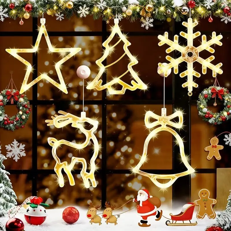 Christmas Window Lights Bell Tree Star Suction Cup Christmas Lights Battery Operated Indoor Warm White Xmas Winter Home Decor