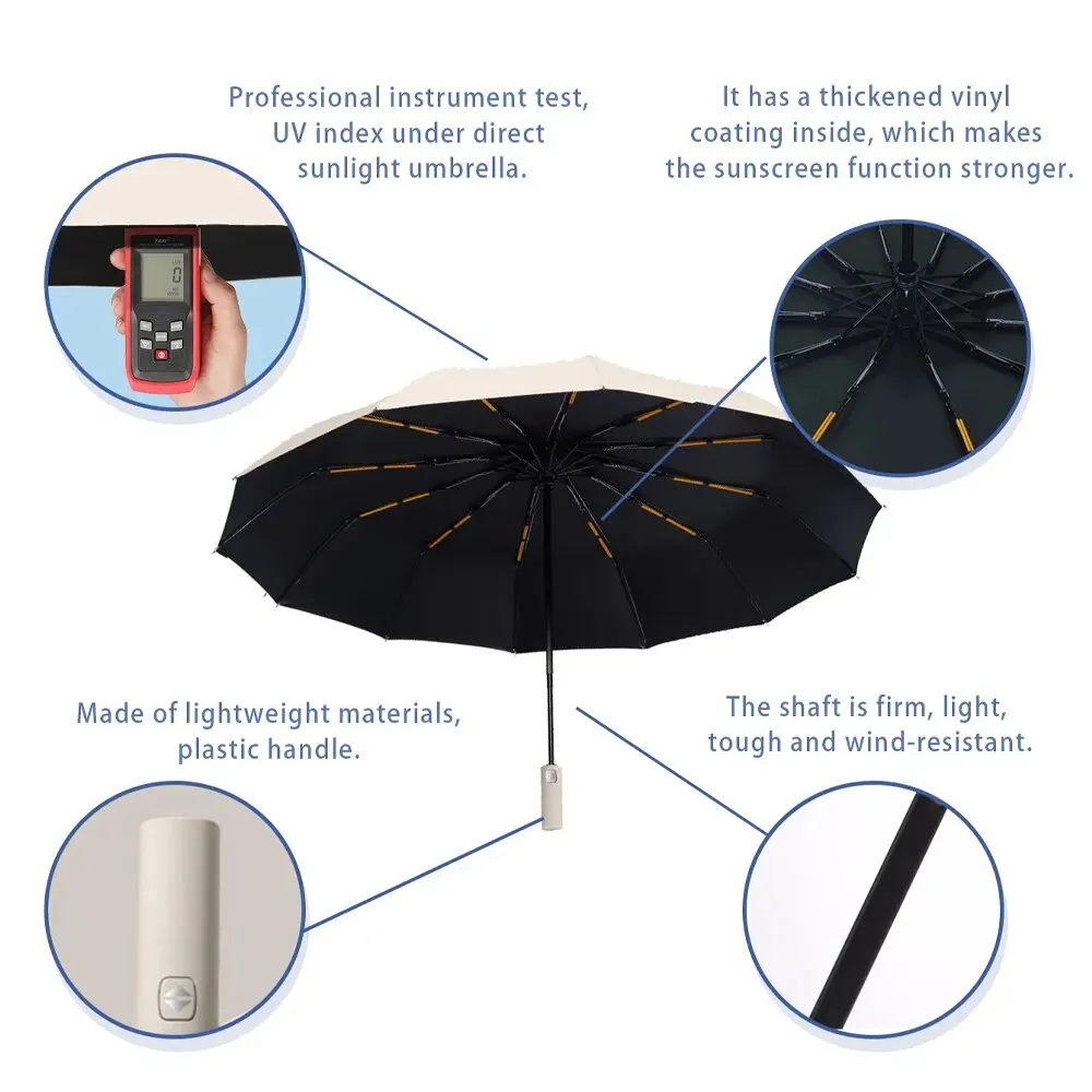 1pc Wind Resistant Folding Automatic Umbrella Rain Black Coating 12 Bones Parasol Rain Auto Luxury Big Windproof Umbrellas