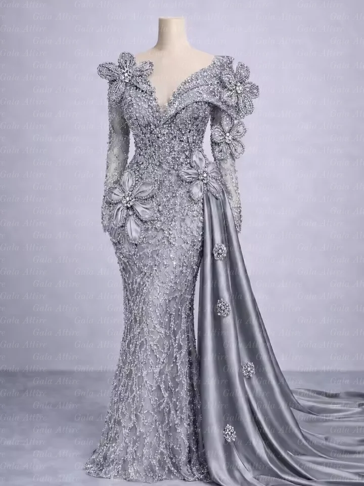 

Gala Attire Dubai V Neck Evening Dress Floral Long Sleeves Birthday Party Dresses Prom Dress Customized