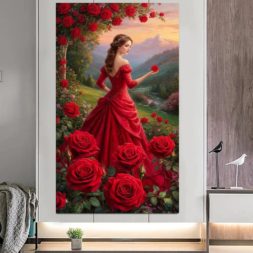 5D Diamond Painting Princess Red Roses Castle Full Drill DIY Diamond Art Kits Mosaic Embroidery Home Wall Decor Gift for Adults