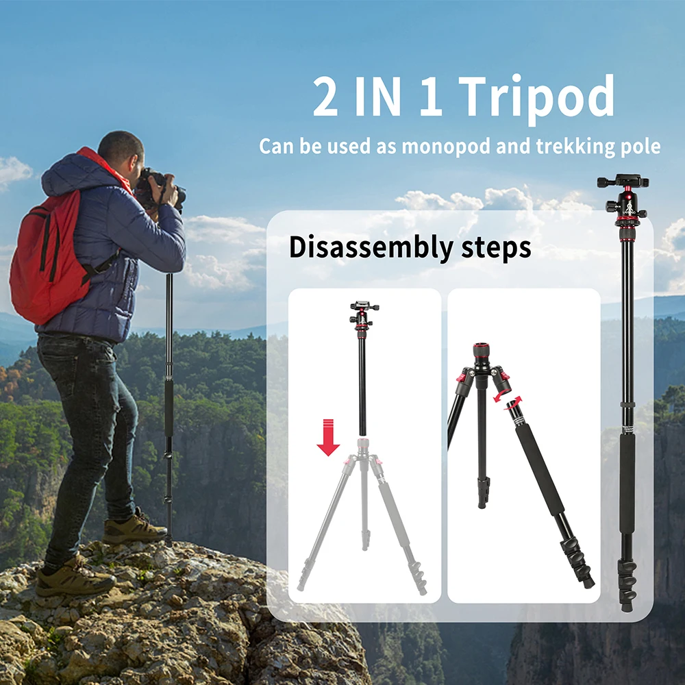 C11 2-in-1 Camera Tripod Foldable Aluminum Alloy Tripod Monopod with 360°Ball Head Detachable for DSLR Camera Max Height 196cm