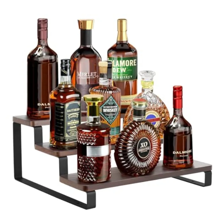 

Mkono Liquor Bottle Display Shelf 3 Tier Coffee Syrup Rack Organizer Rustic Wine Rack Metal Bar Shelf with Wooden Base Syrup St