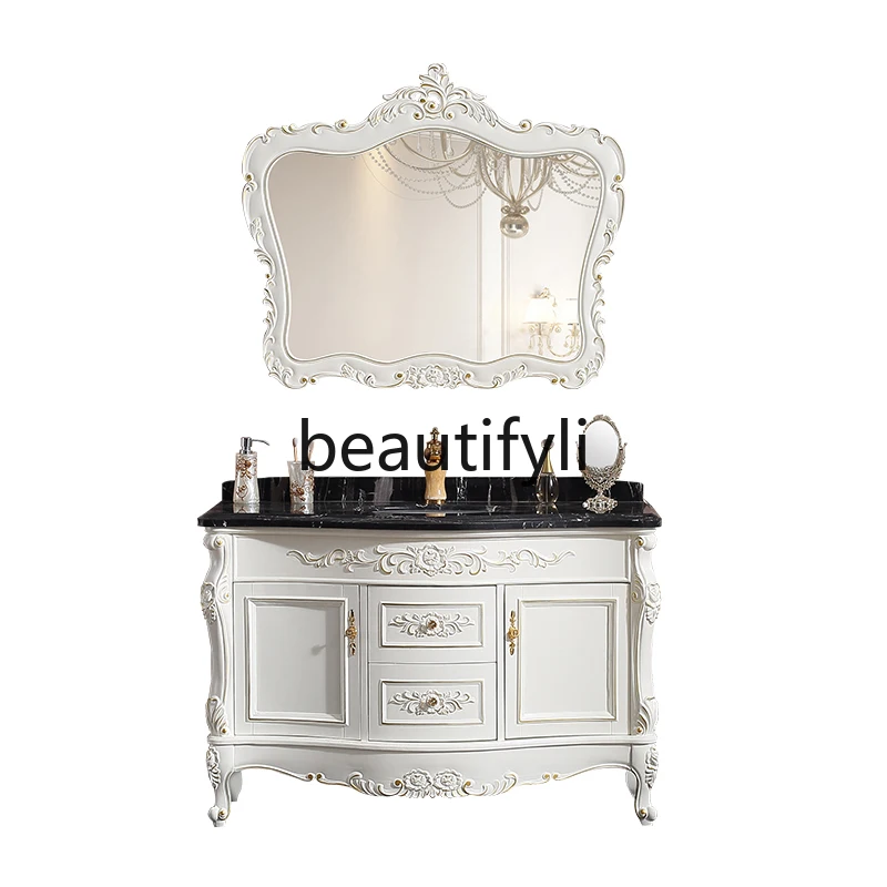 

European bathroom cabinet solid wood marble antique washstand bathroom hand washbasin cabinet combination American style