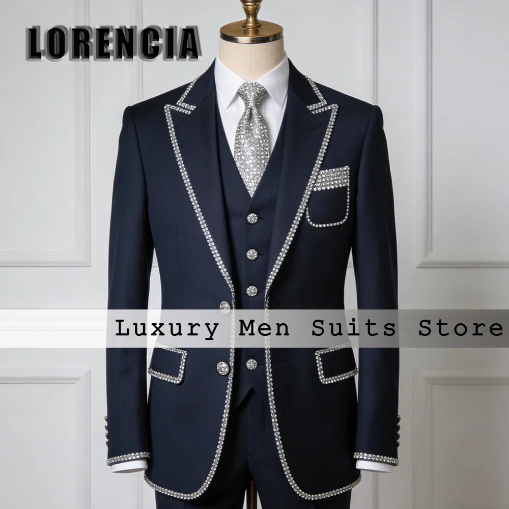 

Classic Crystal Men Suits 3 Pcs Formal Tuxedos Set Wedding Groom Outfits 2026 Customized Blazer Pants Vest disfraz de hombre
