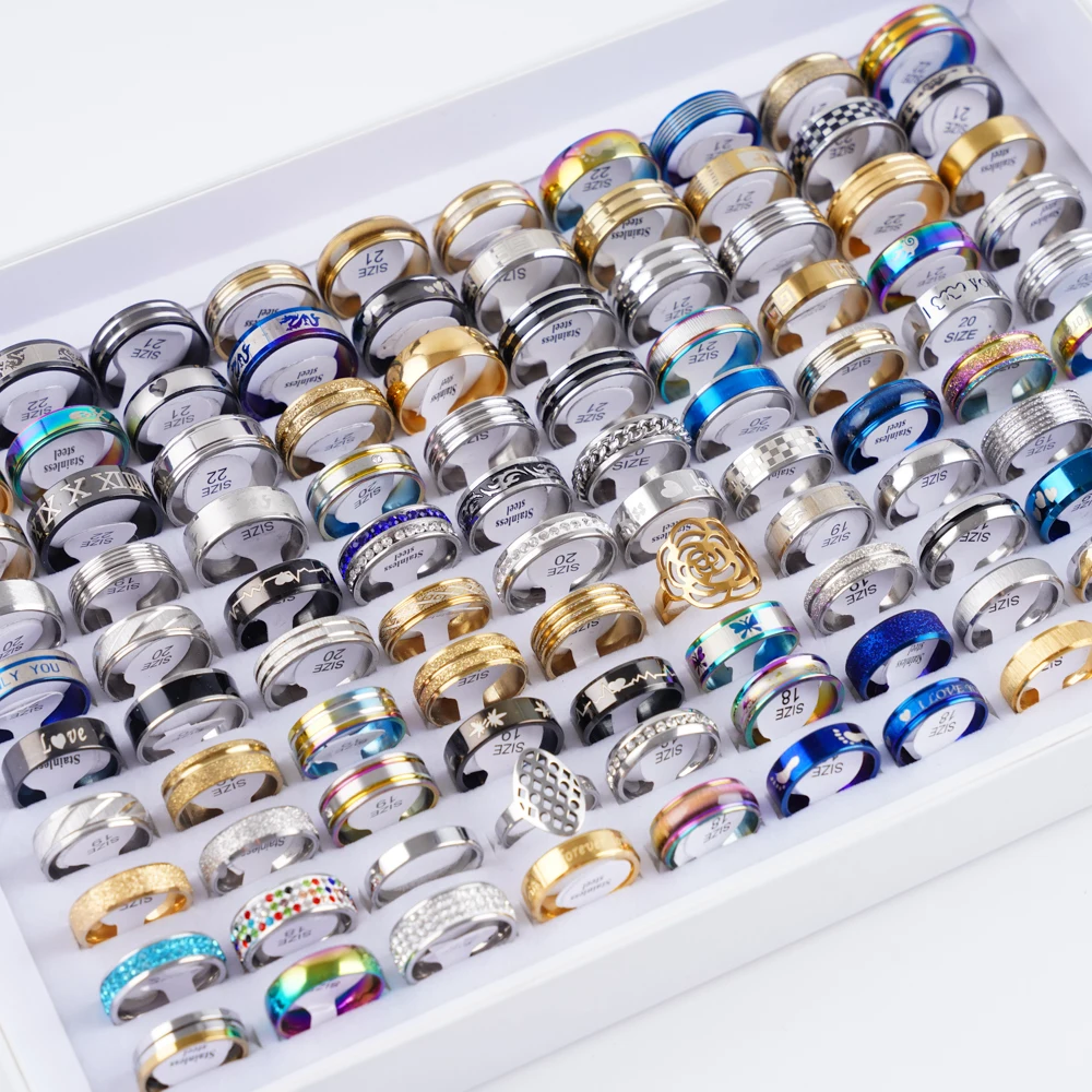 10/20/30/50/100pcs/lot Fashion Minimalist Stainless Steel Rings Men Women Jewelry Party Gifts Wedding Rings Mixed Styles Random
