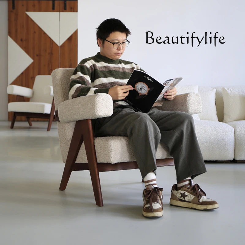 Single sofa Nordic medieval solid wood bedroom living room balcony single armrest leisure chair fashion