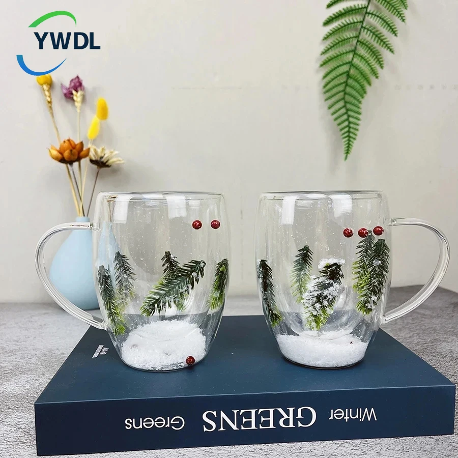 250/350ml 1/2pcs Christmas Tree And Snow Double Wall Clear Glass Cup Heat-resistant Coffee Milk Mug Tea Espresso Cup Gifts